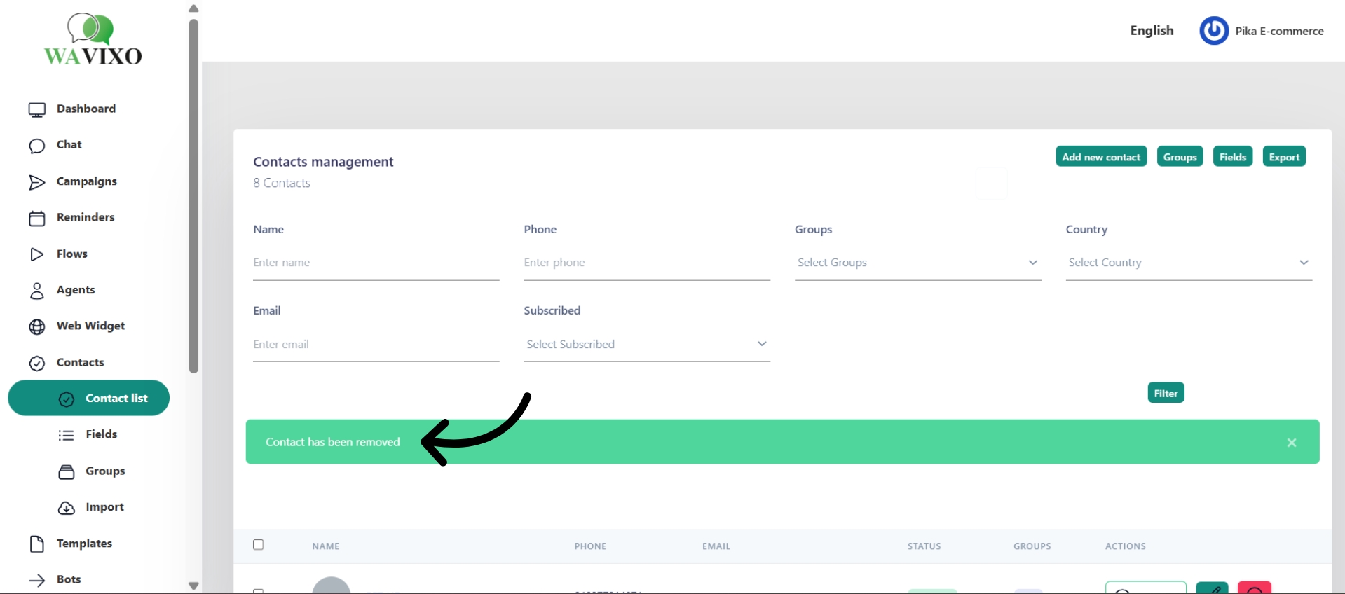 Contact deleted confirmation